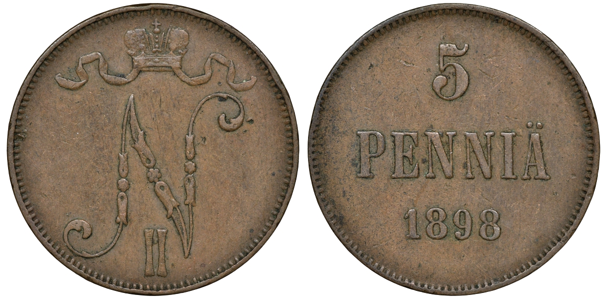 Россия для Финляндии 5 пенни 1898 Николай II (1894-1917) KM 15, Биткин 443 медь 51-857