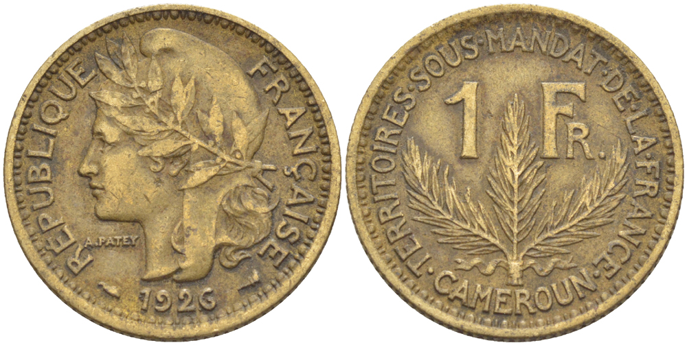 Французский Камерун 1 франк 1926 (а), монетный двор Париж KM 2 алюминиевая бронза 61-426