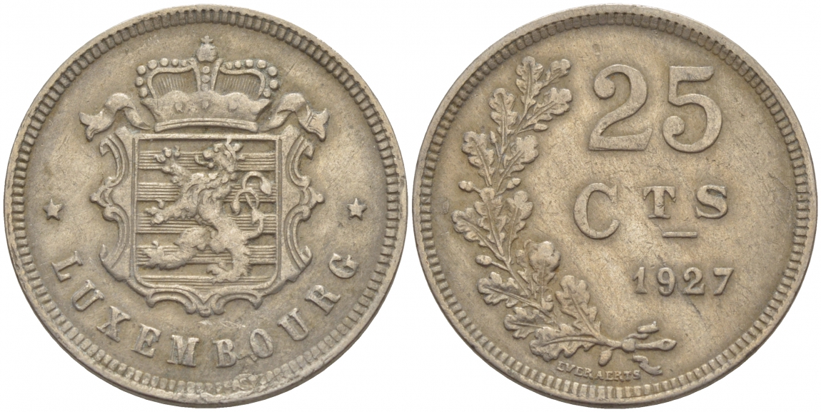 ЛЮКСЕМБУРГ 25 САНТИМОВ 1927 ГОД ТИП KM 37 медно-никель 4548-751