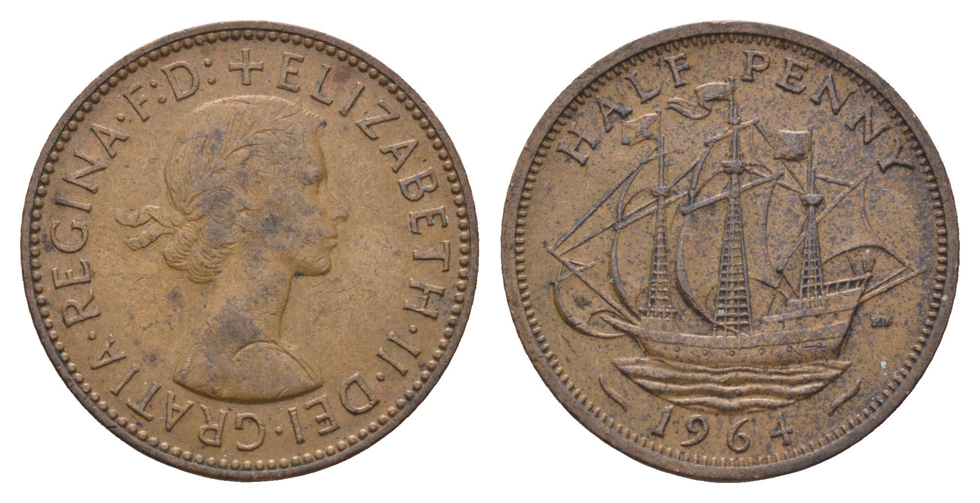 Великобритания 1/2 пенни 1964 Елизавета II (1952-2022) KM 896, Spink 4158 бронза 4662-1227