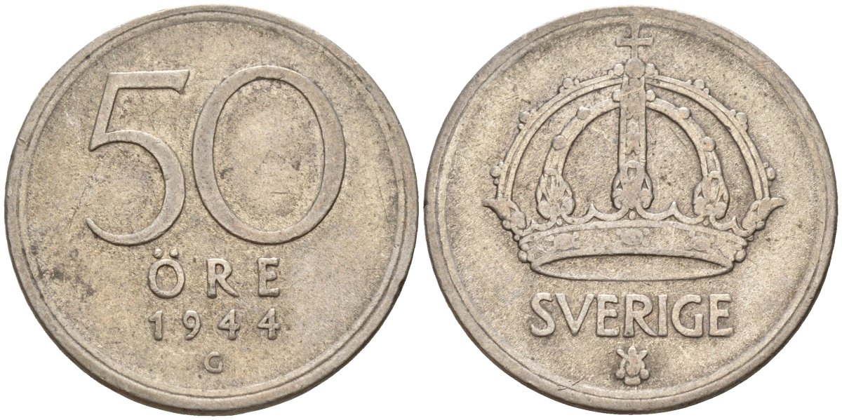Швеция 50 эре 1944 G, Густав V (1907-1950) KM 817 серебро 4148-844