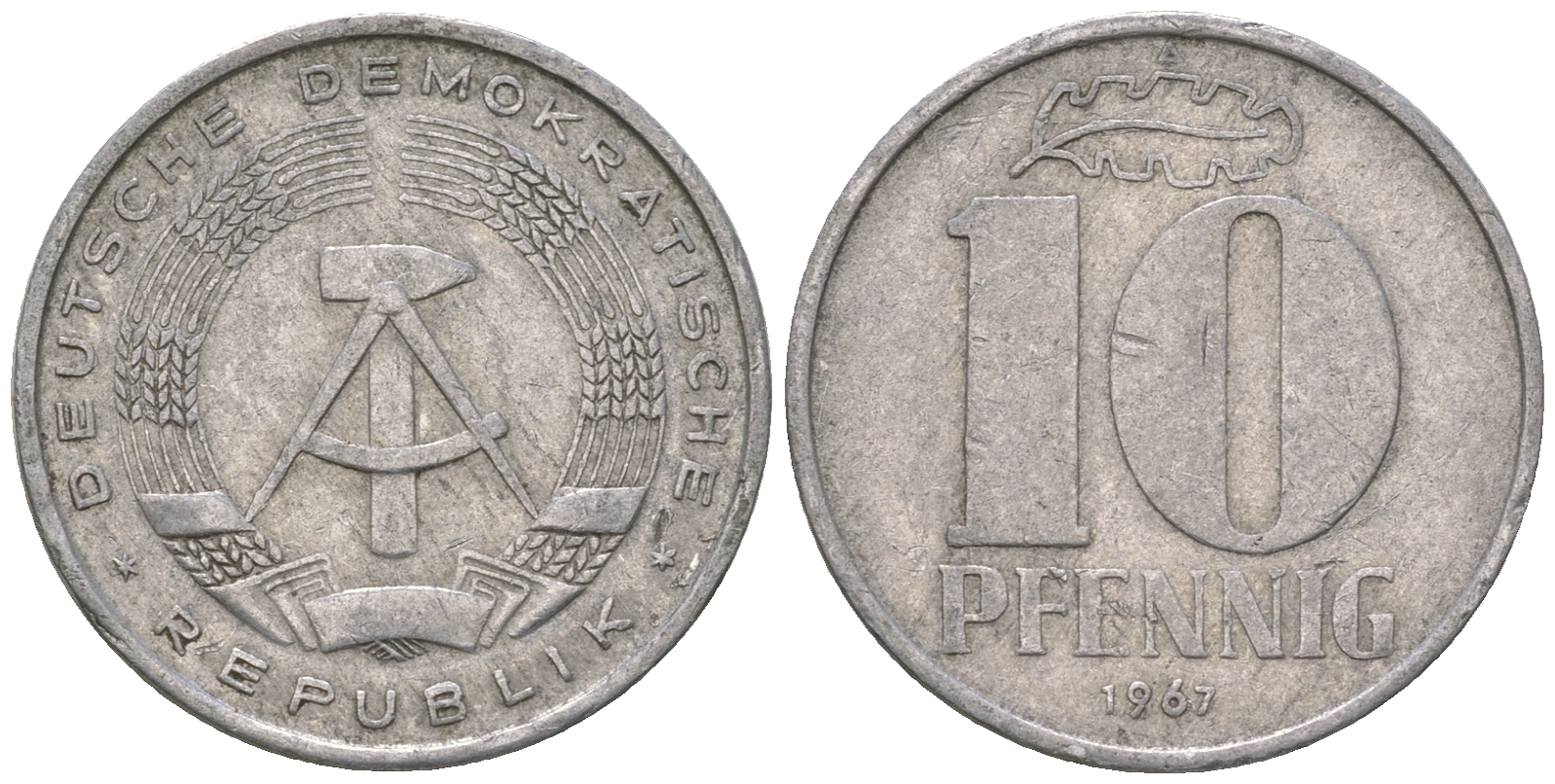 ГДР 10 пфеннигов 1967 А KM 10 алюминий 3459-651