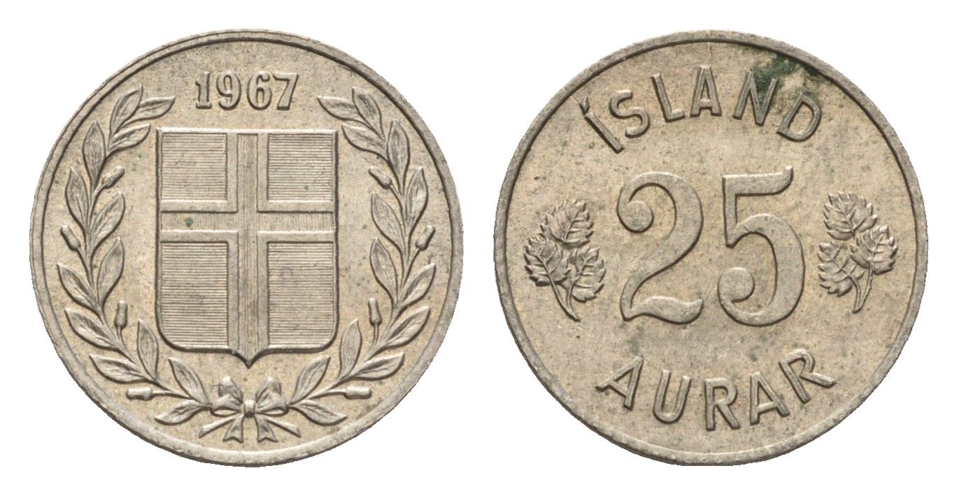 Исландия 25 эйре 1967 KM 11 медно-никель 4690-647