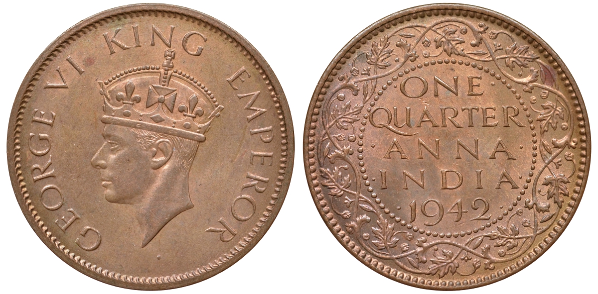 Британская Индия 1/4 анна 1942 Георг VI (1937-1952) KM 531 бронза aUNC 4178-714
