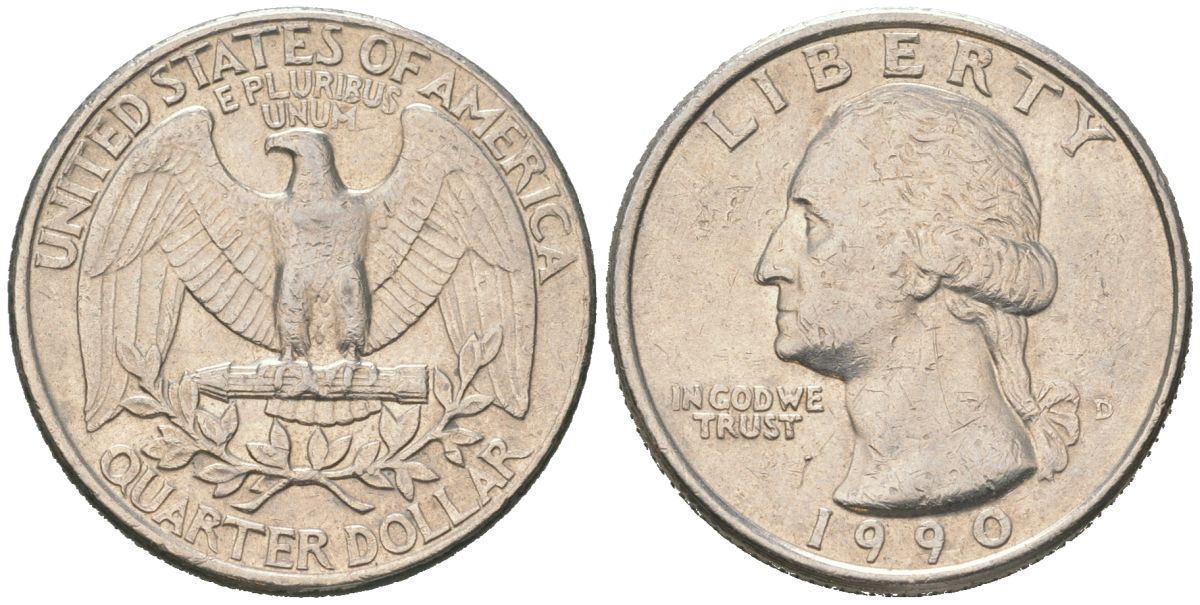 США 25 центов = квотер = 1/4 доллара 1990 D, Джордж Вашингтон KM 164a медь плакированная медно-никелем 190-1254
