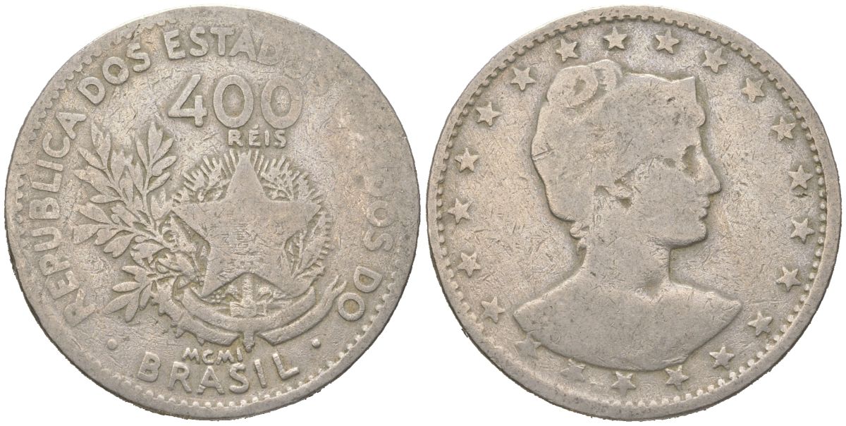 Бразилия 400 реалов 1901 MCMI, голова свободы вправо KM 505 медно-никель 4612-526