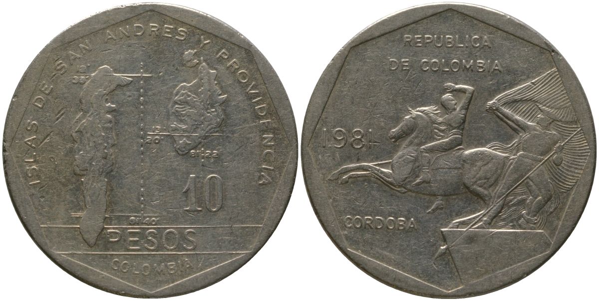 Колумбия 10 песо 1981 KM 270 никель латунь 4565-316