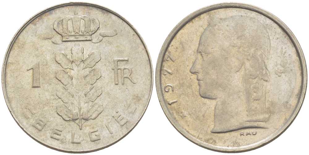 БЕЛЬГИЯ 1 ФРАНК 1977 BELGIE, БОДУЭН I (1951-1993) KM 143.1 медно-никель 213-353