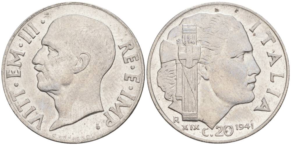 ИТАЛИЯ 20 ЧЕНТЕЗИМО 1941 R, ГОД XIX, ВИКТОР ЭММАНУИЛ III (1900-1946) KM 75b, VEM3. 1028 нержавеющая сталь 3853-753