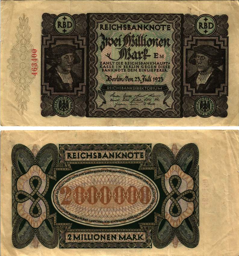 ГЕРМАНИЯ 2000000 МАРОК 1923 23 ИЮЛЯ 1923, ДЛИННА НОМЕРА 16 ММ., ВОДЯНОЙ ЗНАК L Pick 89а, Rosenberg 89а бумага 8616-17-1-1