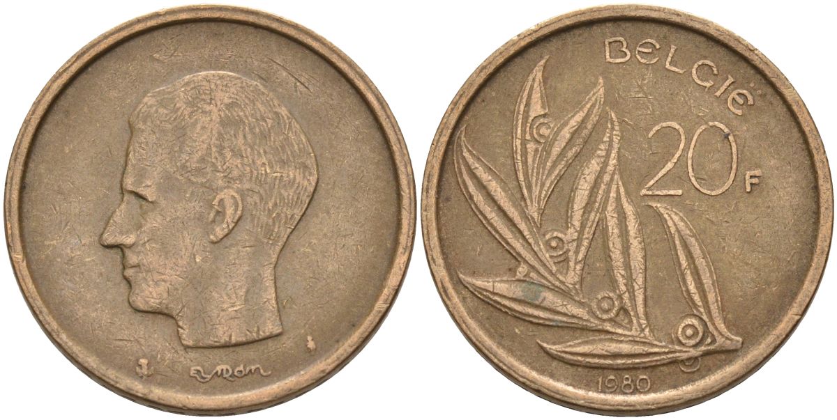 Бельгия 20 франков 1980 Belgie, Бодуэн I (1951-1993) KM 160 никель бронза 4126-227