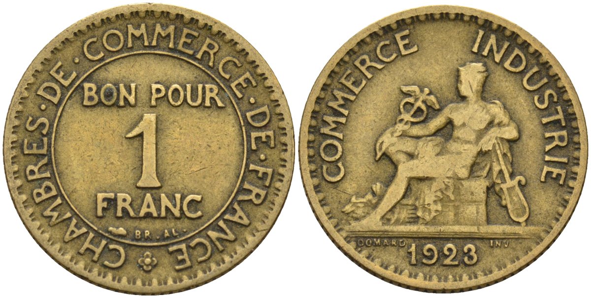 Франция 1 франк 1923 KM 876, Le Franc 218.5 алюминиевая бронза 4142-711