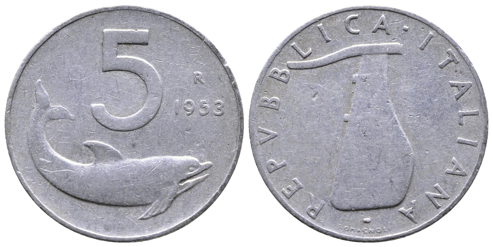 Италия 5 лир 1953 R, дельфин, плуг KM 92 алюминий 51-2556