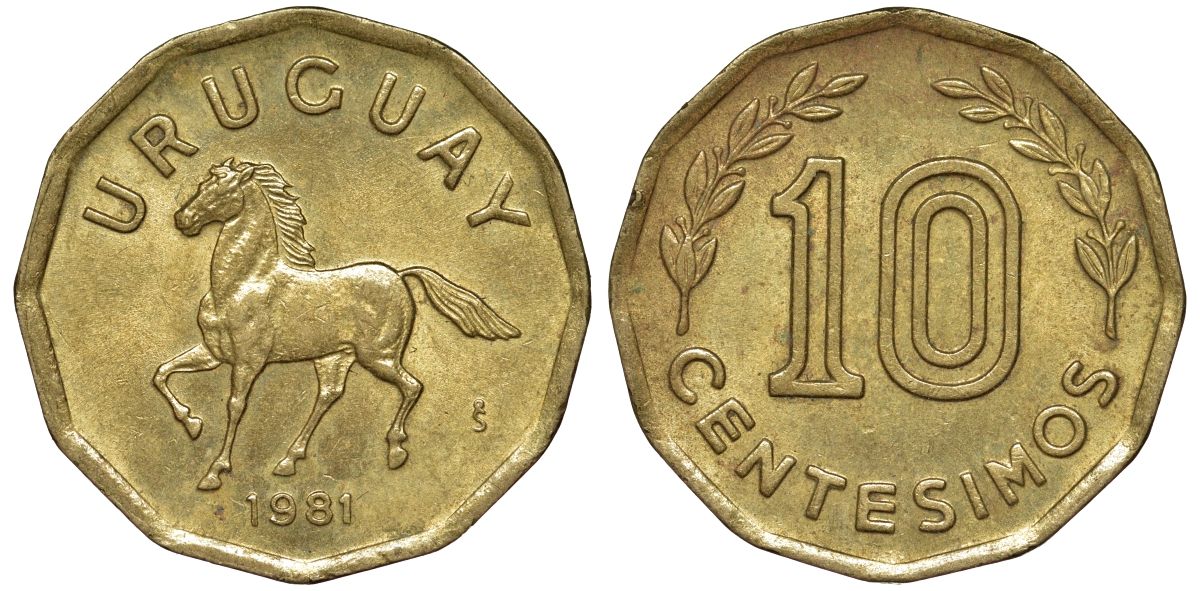 Уругвай 10 сентесимо 1981 KM 66 алюминиевая бронза 4169-545