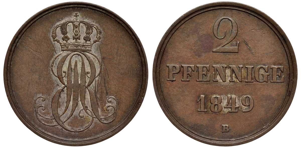 Ганновер 2 пфеннига 1849 B, Эрнст Август (1837-1851) KM 202.1, AKS 124, J. 75 медь 75-1934