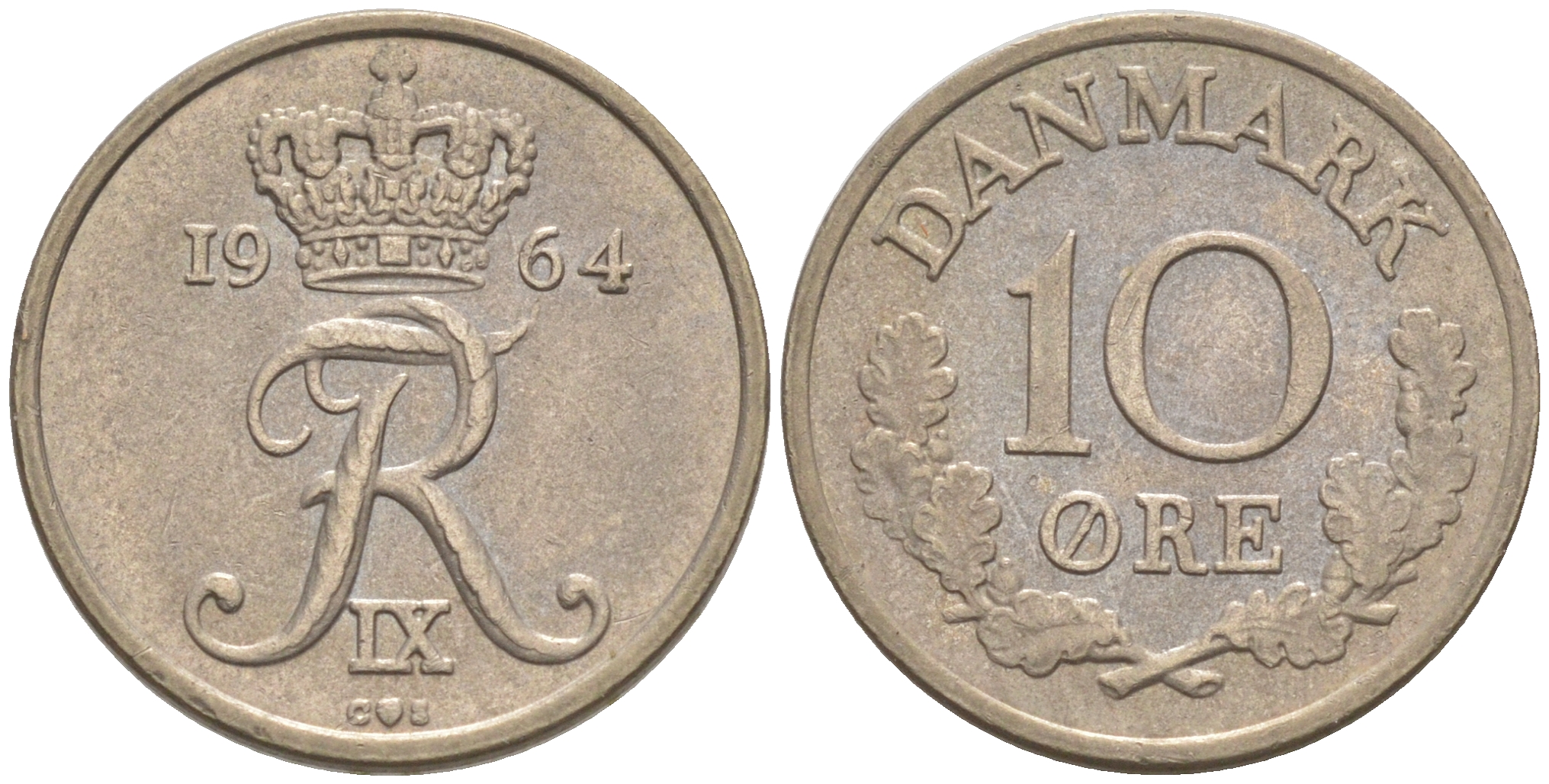 Дания 10 эре 1964 C; S, Фредерик IX (1947-1972) KM 849.1 медно-никель 187-646
