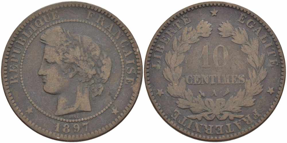 ФРАНЦИЯ 10 САНТИМОВ 1897 A, ТРЕТЬЯ РЕСПУБЛИКА (1871-1940) KM 815.1, LA FRANC 135.44 бронза 82-1145