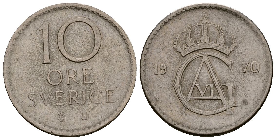 Швеция 10 эре 1970 Густав VI Адольф (1950-1973) KM 835 медно-никель 4164-1021
