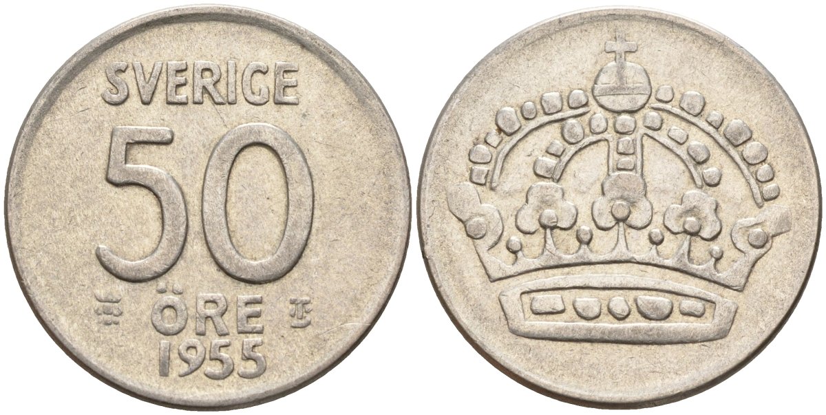 Швеция 50 эре 1955 TS, Густав VI Адольф (1950-1973) KM 825 серебро 4148-935