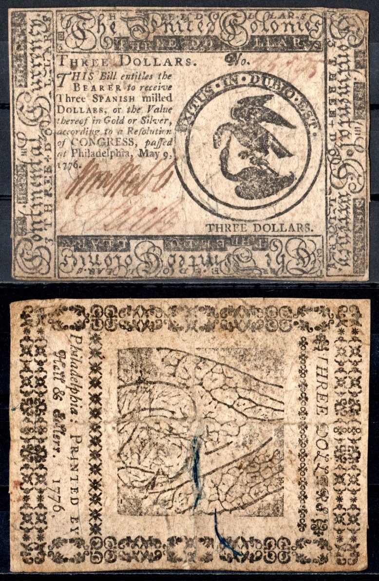 США, Континентальный доллар (Continental Currency) 3 доллара 1776 9 мая 1776 г. № 25895. Орел нападает на цаплю, листья фруктов. Friedberg № СС-33. Pick S125 бумага 451-972-2