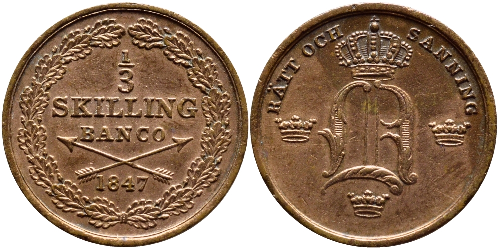 Швеция 1/3 скиллинга 1847 Оскар I (1844-1859) KM 640 медь 1530-525