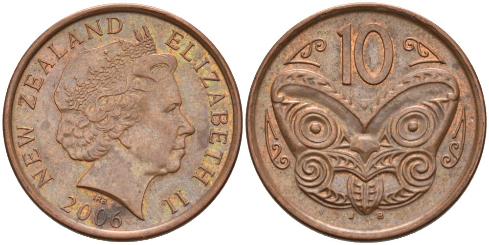 Новая Зеландия 10 центов 2006 маска Маори, Елизавета II (1952-) KM 117а сталь плакированная медью 186-431