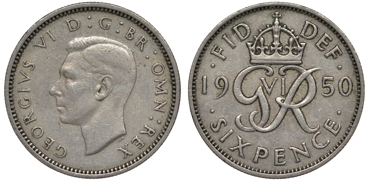 Великобритания 6 пенсов 1950 Георг VI (1936-1952) KM 875, Spink 4110 медно-никель 4128-824