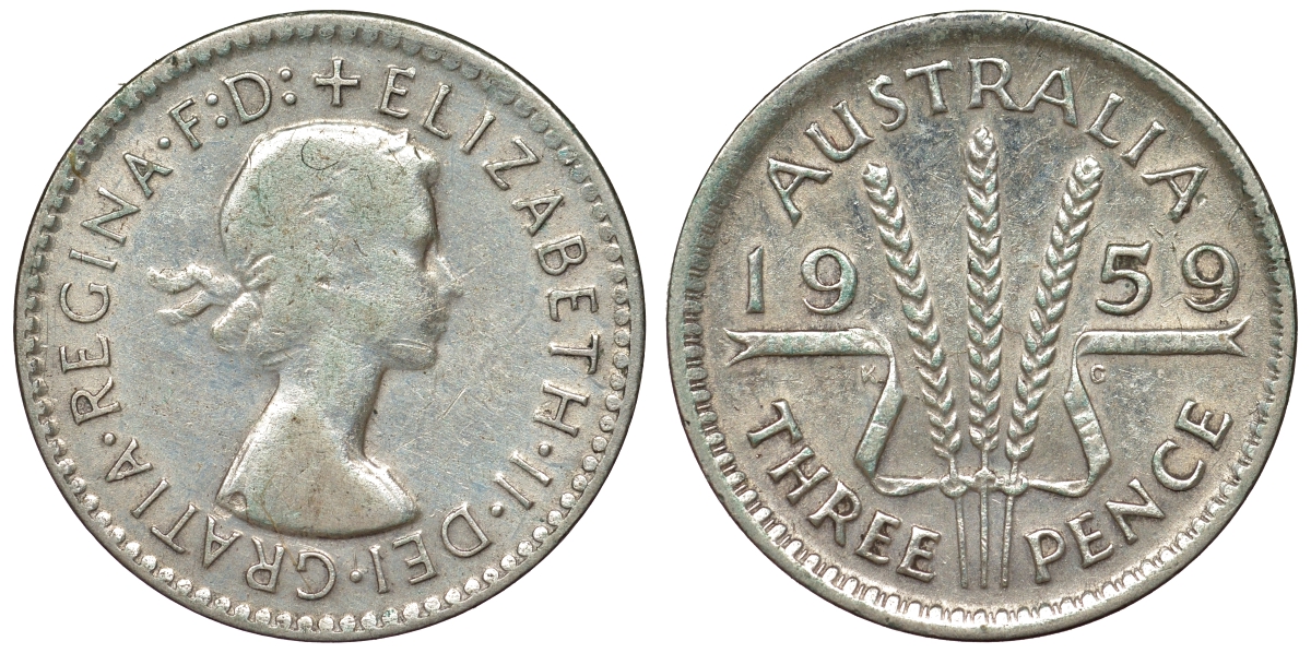Австралия 3 пенса 1959 m, Елизавета II (1952-2022) KM 57 серебро 71-559