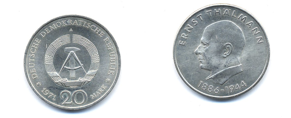 ГДР 20 марок 1971 A, 85 лет со дня рождения Эрнста Тельмана KM 34, J. 1535 медно-никель 3333-523