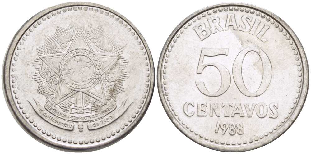 Бразилия 50 сентаво 1988 реформа 1986-1989 KM 604 нержавеющая сталь 3334-511