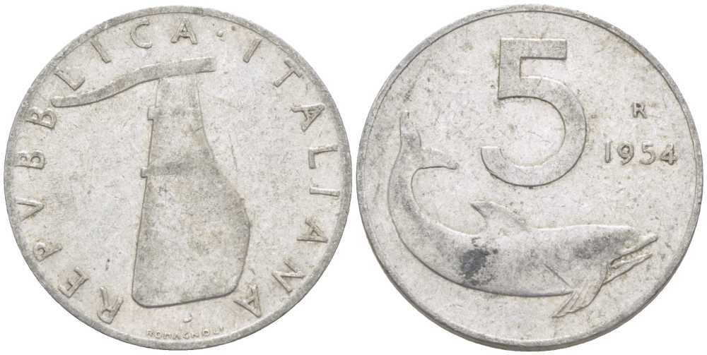 ИТАЛИЯ 5 ЛИР 1954 R, РУЛЬ, ДЕЛЬФИН KM 92 алюминий 175-131