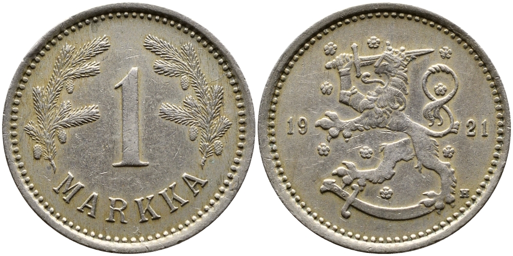 ФИНЛЯНДИЯ 1 МАРКА 1921 H KM 27 медно-никель 4388-1254