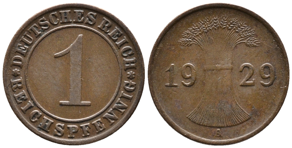ГЕРМАНИЯ 1 РЕЙХСПФЕННИГ 1929 A KM 37, J. 313 бронза 39-1026