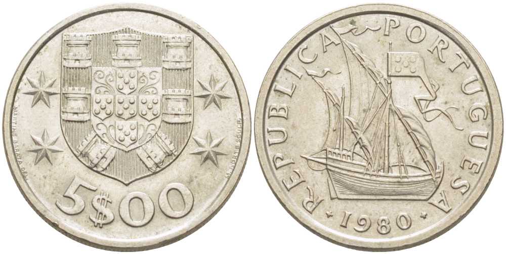 ПОРТУГАЛИЯ 5 ЭСКУДО 1980 ПАРУСНИК KM 591 медно-никель 4390-217