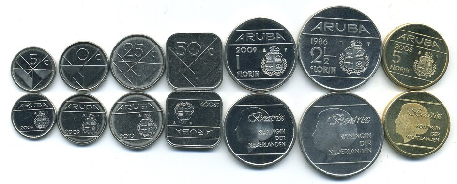 Аруба лот из 7 монет 1988-2010 5, 10, 25, 50 центов, 1, 2 1/2, 5 флоринов KM 1, 2, 3, 4, 5, 6, 38 UNC N2-39