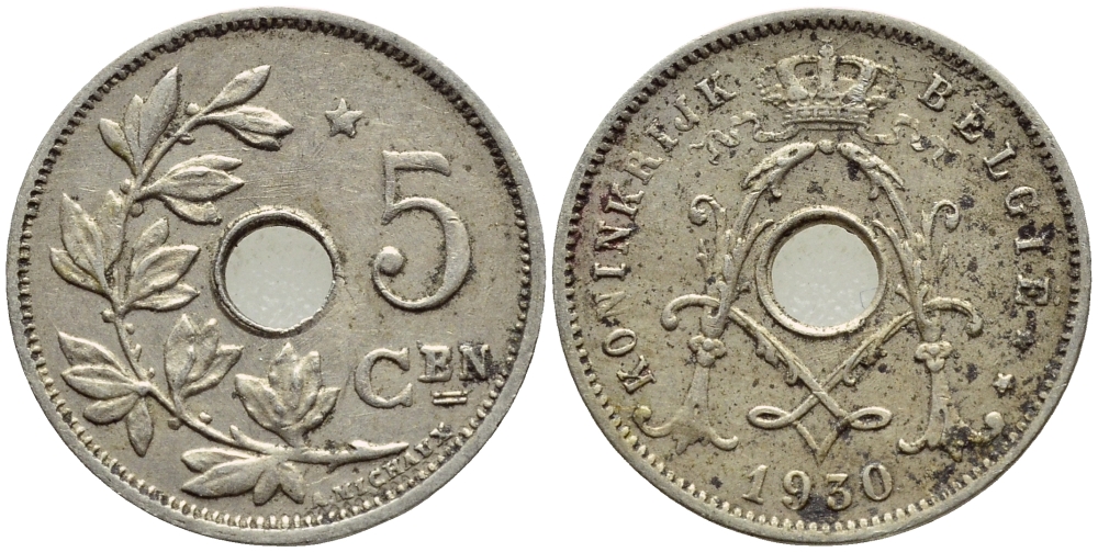 БЕЛЬГИЯ 5 САНТИМОВ 1930 BELGIE KM 94 никель латунь 4396-352