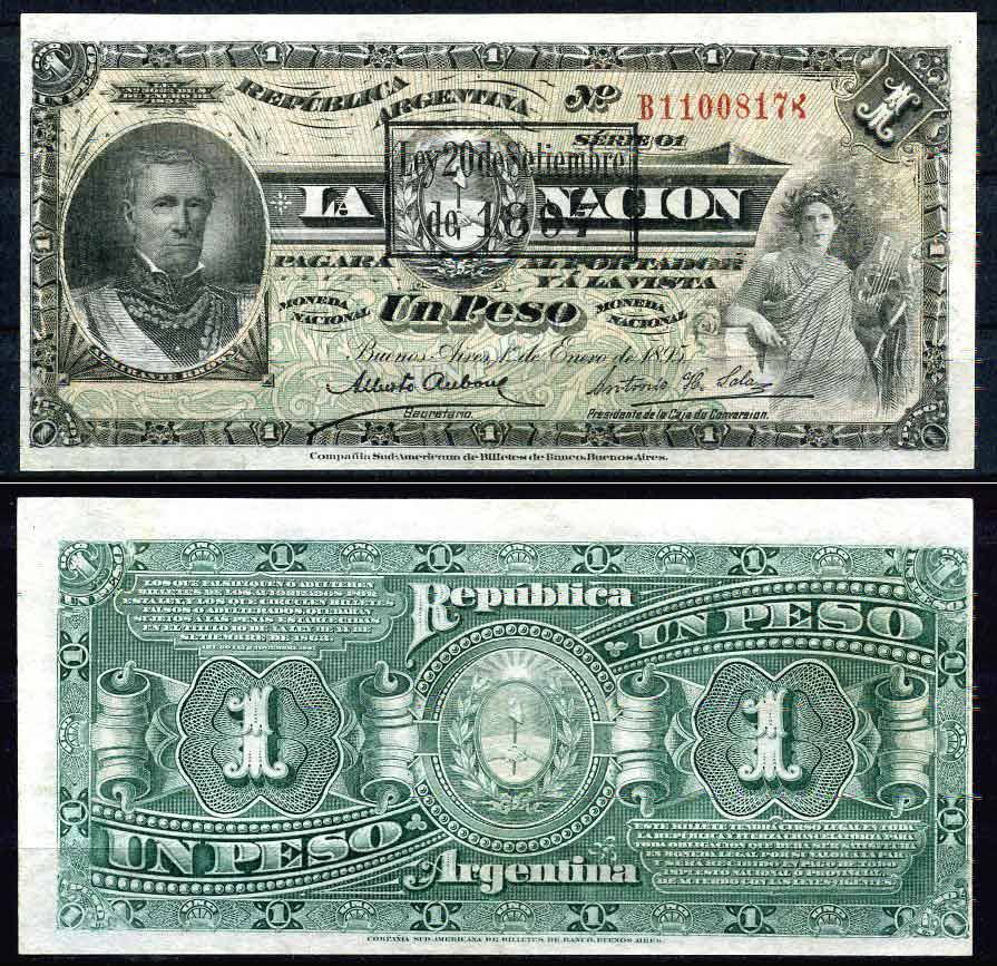 Аргентина 1 песо 1895 серия В 11008 Pick 218a  бумага 00-000