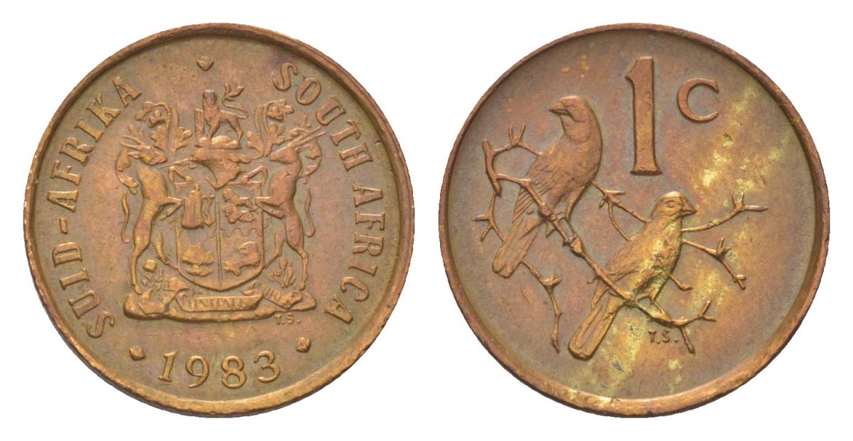 ЮАР 1 цент 1983 герб, капские воробьи KM 82 бронза 4627-161
