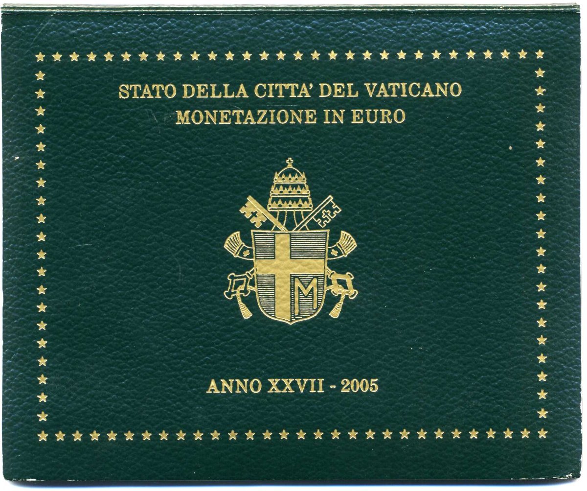 Ватикан евронабор из 8 монет 2005 Папа Иоанн Павел II, в оригинальном буклете KM MS 111 биметалл UNC 7-1-1-11