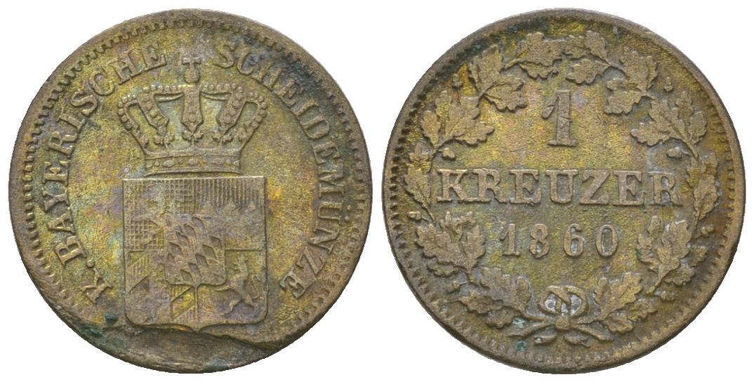 Бавария 1 крейцер 1860 Максимилиан II (1848-1864) KM 473 серебро 4615-1224