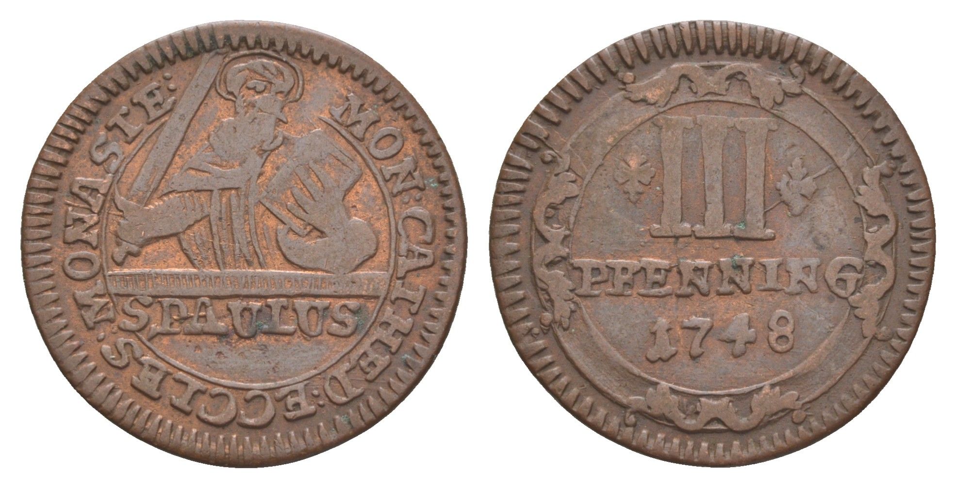 Мюнстер 3 пфеннига 1748 Монетный двор кафедрального капитула KM 430 медь 633-1443