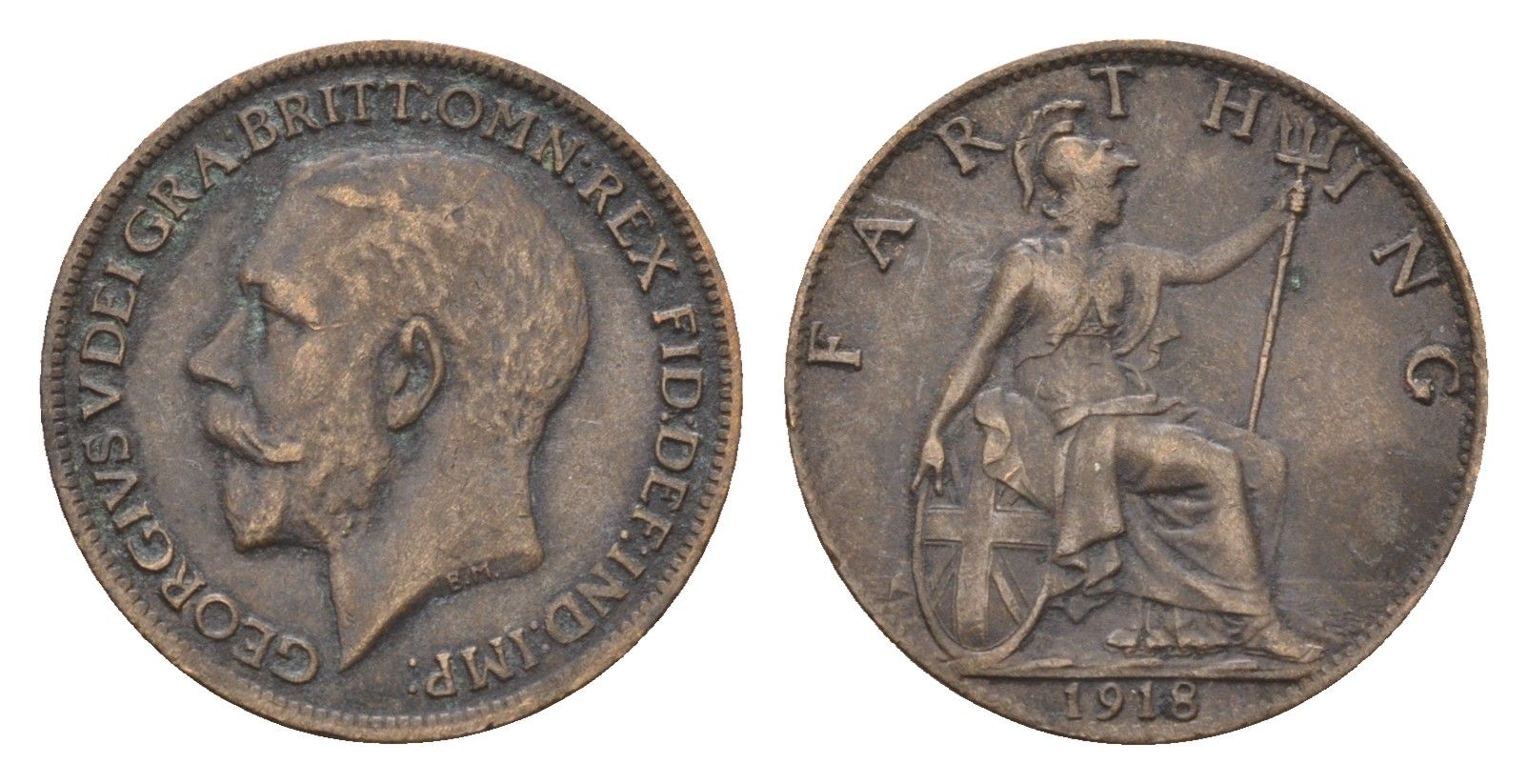 Великобритания 1 фартинг 1918 Георг V (1910-1936) KM 808.1, Spink 4059 бронза 4697-845