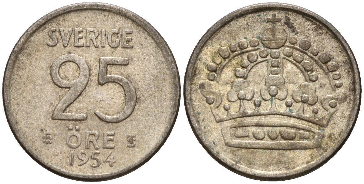 Швеция 25 эре 1954 TS, Густав VI Адольф (1950-1973) KM 824 серебро 4147-1037