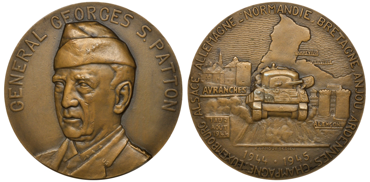 Франция медаль ND Генерал Джордж Паттон, освобождение Европы, 62,8 мм, 157,6 гр  бронза  UNC  4113-723