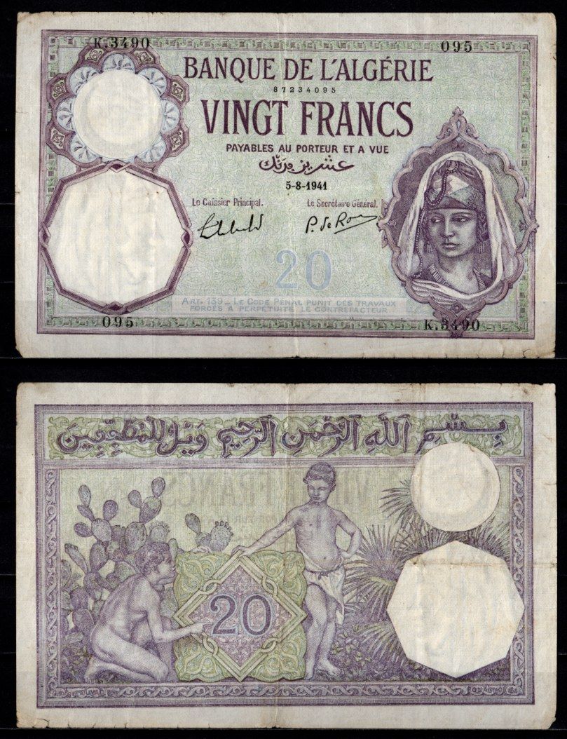 Алжир 20 франков 1941 Pick 78 c (2) бумага 7217-42-2-1