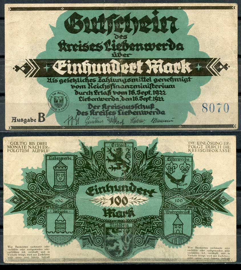 Германия, Либенверда 100 марок 1922 нотгельд, 16.09.1922, серия B, 4 цифры в номере M. 2720.3 бумага UNC (пресс) 00-00