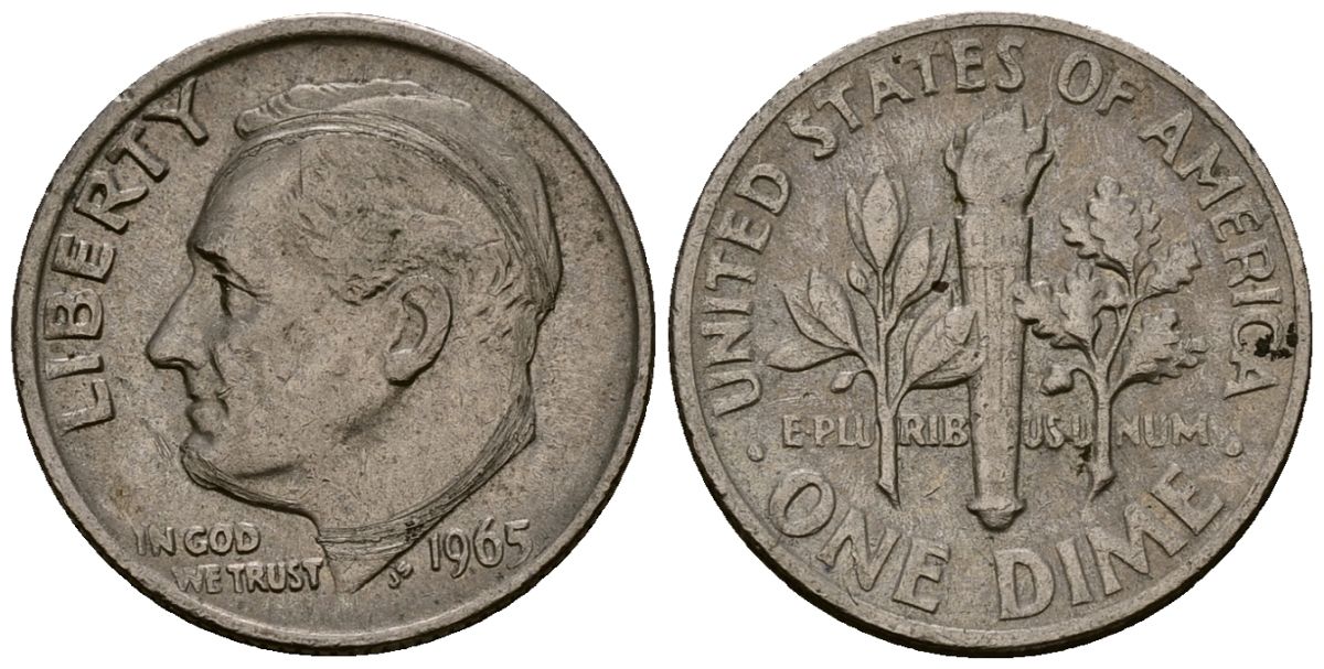 США 10 центов (дайм) 1965 Рузвельт KM 195a медь плакированная медно-никелем 4164-919