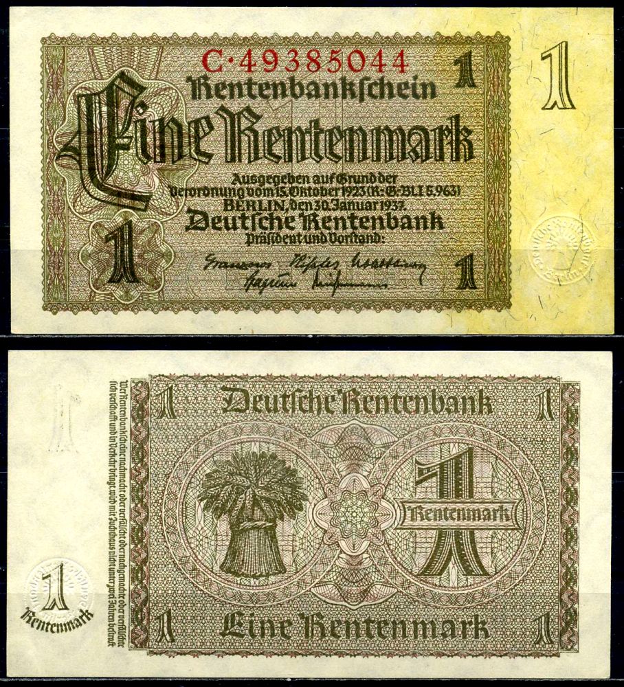 Германия 1 рентенмарка 1937 30 января 1937, серия C, номер 8-значный Pick 173, Розенберг 166b бумага аUNC 3295-11-3-2