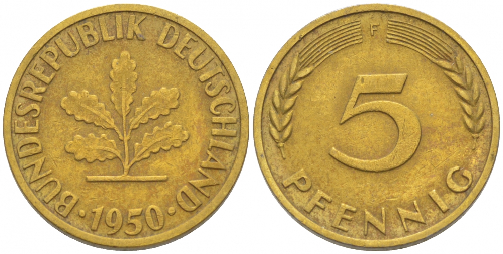 ФРГ 5 ПФЕННИГОВ 1950 F KM 107, J.382 сталь плакированная латунью 3996-1136