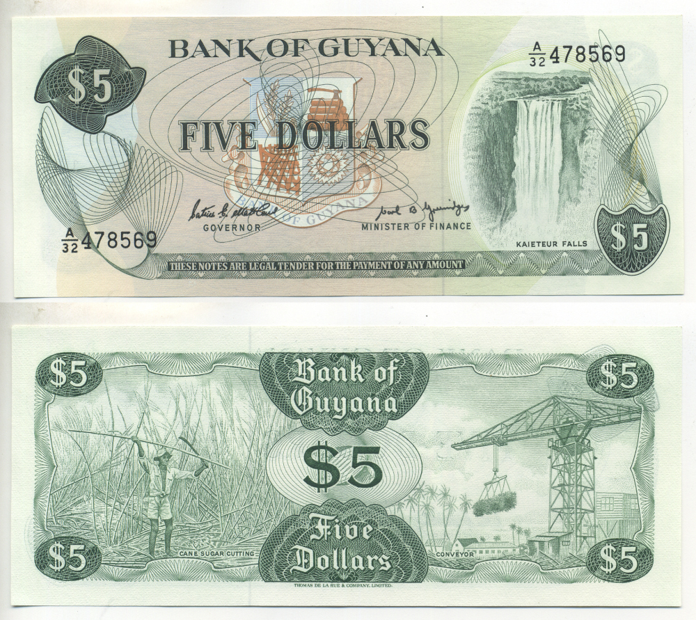 ГАЙАНА 5 ДОЛЛАРОВ 1989 ПОДПИСЬ 7, ВОДОПАД КАЙЕТУР Pick 22е бумага UNC (ПРЕСС) 7553-9-1